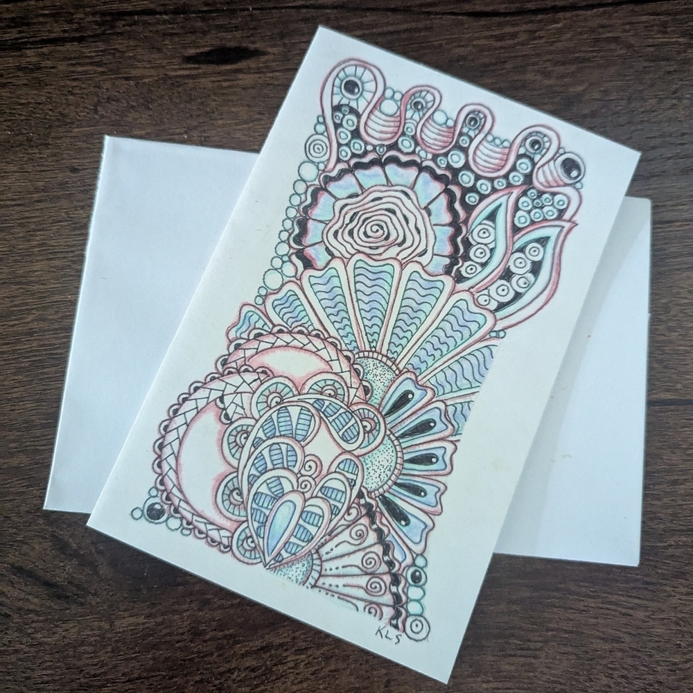🌻 5/$20 Handmade Floral Blank Zentangle Card- Blue, Pink & Black
